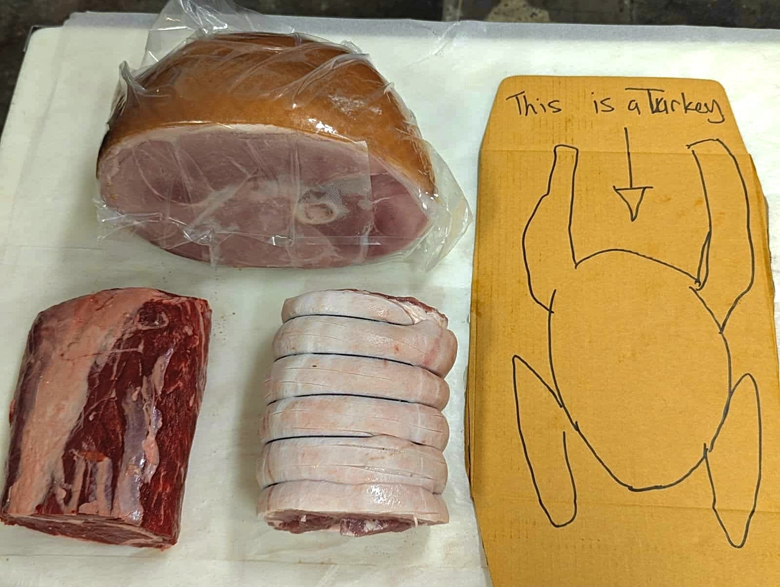 Assorted cuts of meat with a diagram labeled 'This is a Turkey' on a white surface.