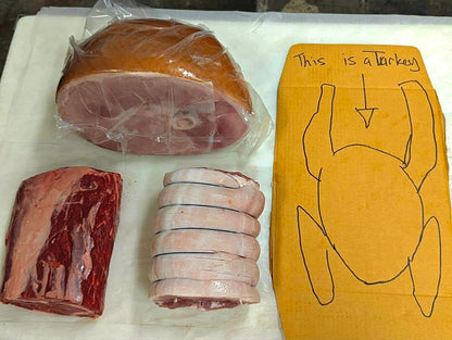 Assorted cuts of meat with a diagram labeled 'This is a Turkey' on a white surface.